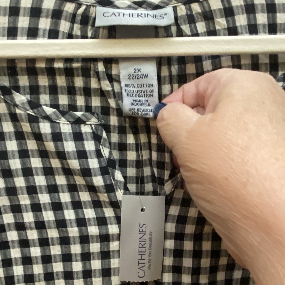 Catherines 22/24 Embroidered 3/4 Sleeve Blouse Black/White Check Boho Cottage - Picture 5 of 8